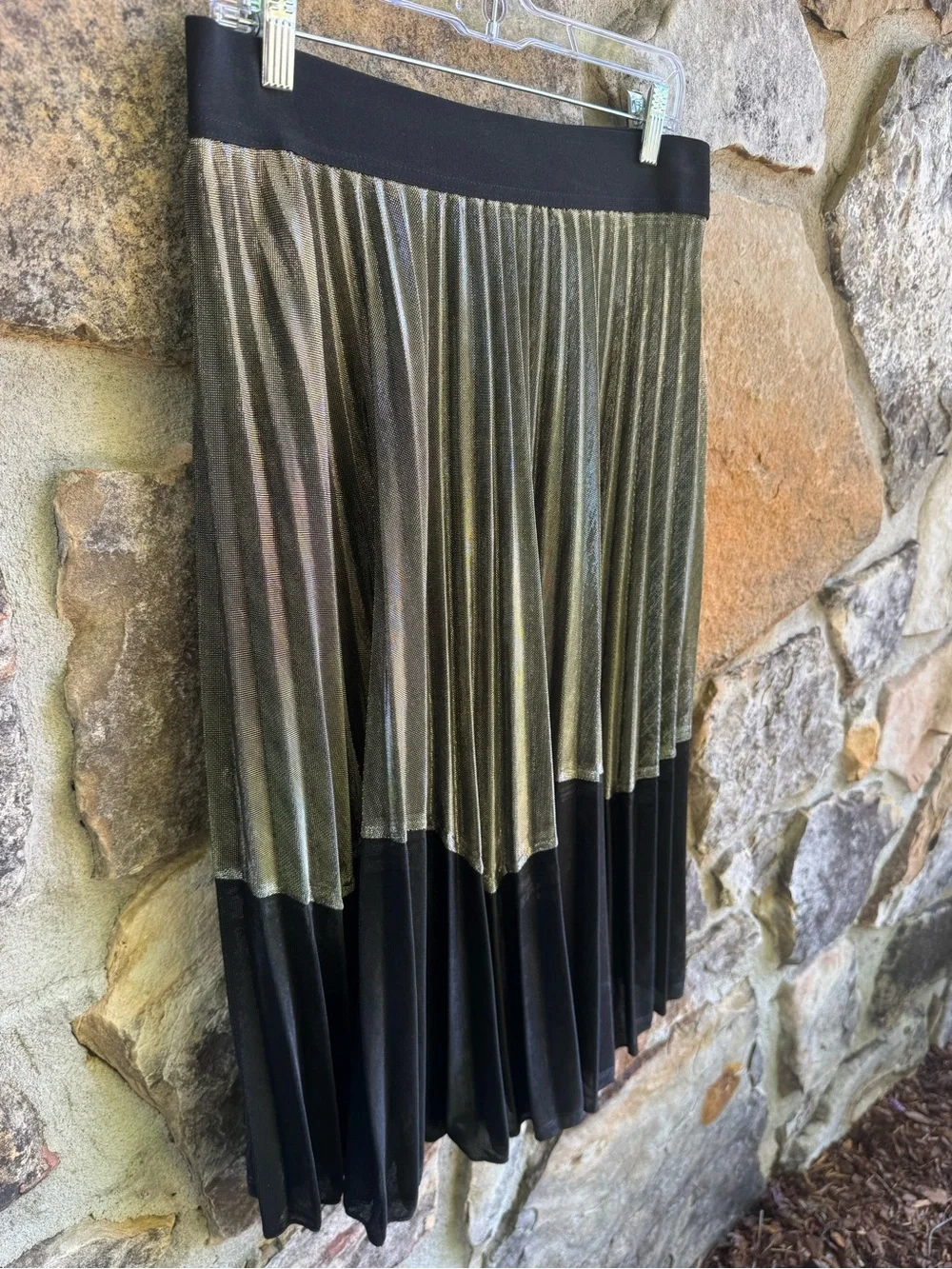 Studio West Metallic Olive-Gold and Black Pleated Midi Skirt Large Festival - Picture 2 of 12